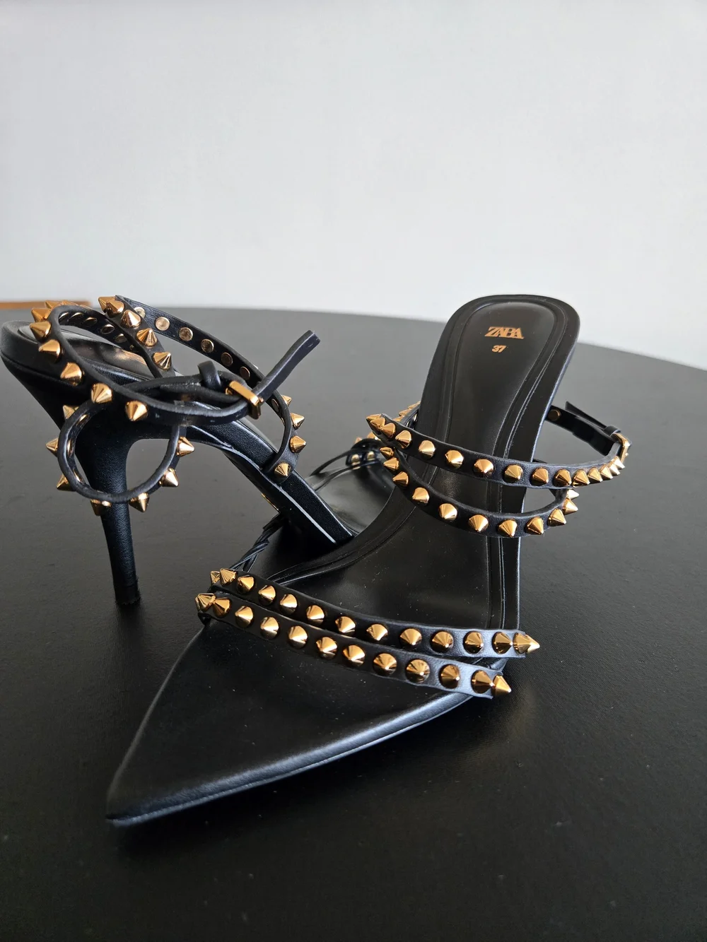 ZARA Black Gold Studded Pointed Toe Strappy Heeled Sandals Sz 37 - Picture 6 of 10